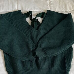 Elegant Dark Green Women's Sweater with Back Bow